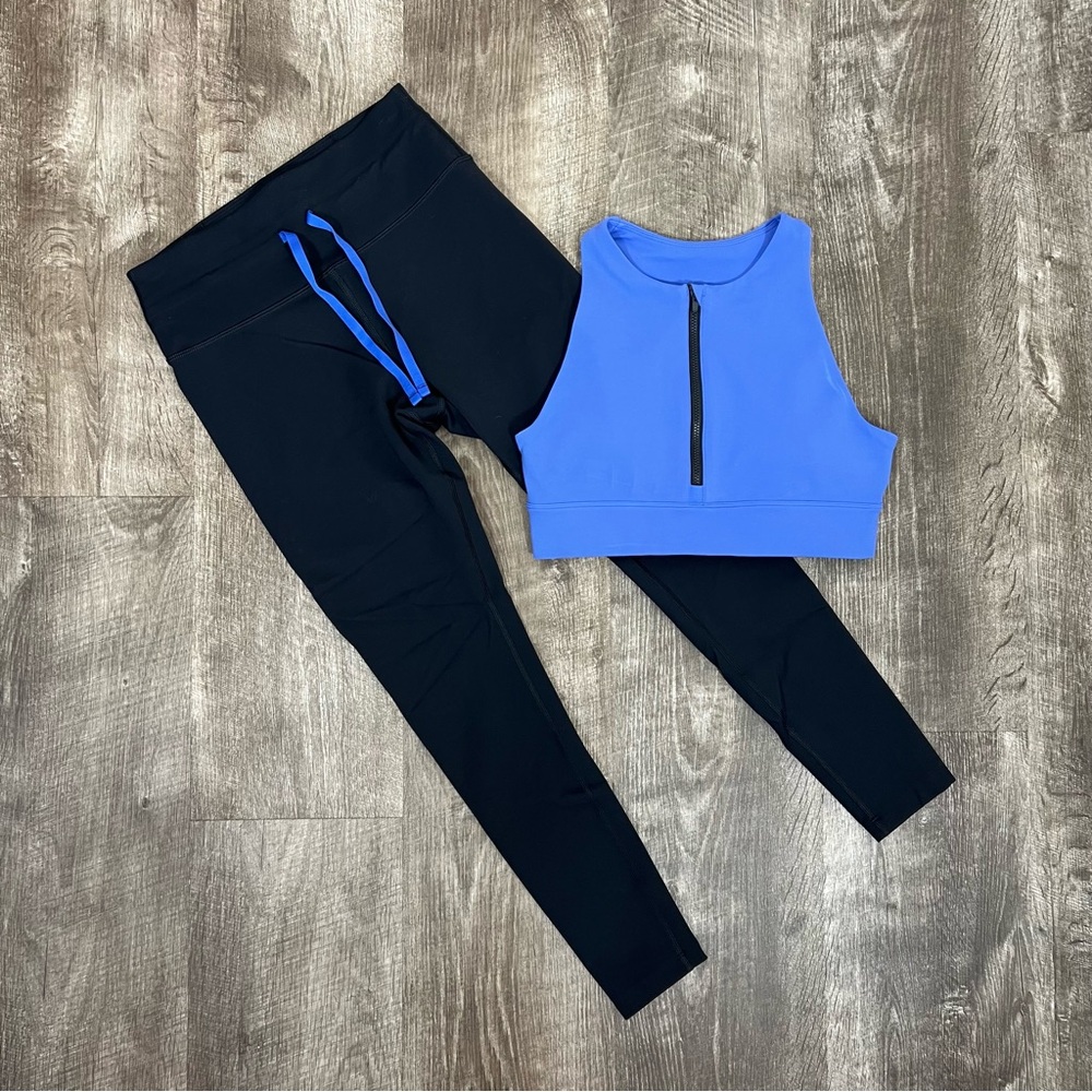 Peloton Blue Precise And Charged Zip Bra & Black Precise And Charged Legging Set